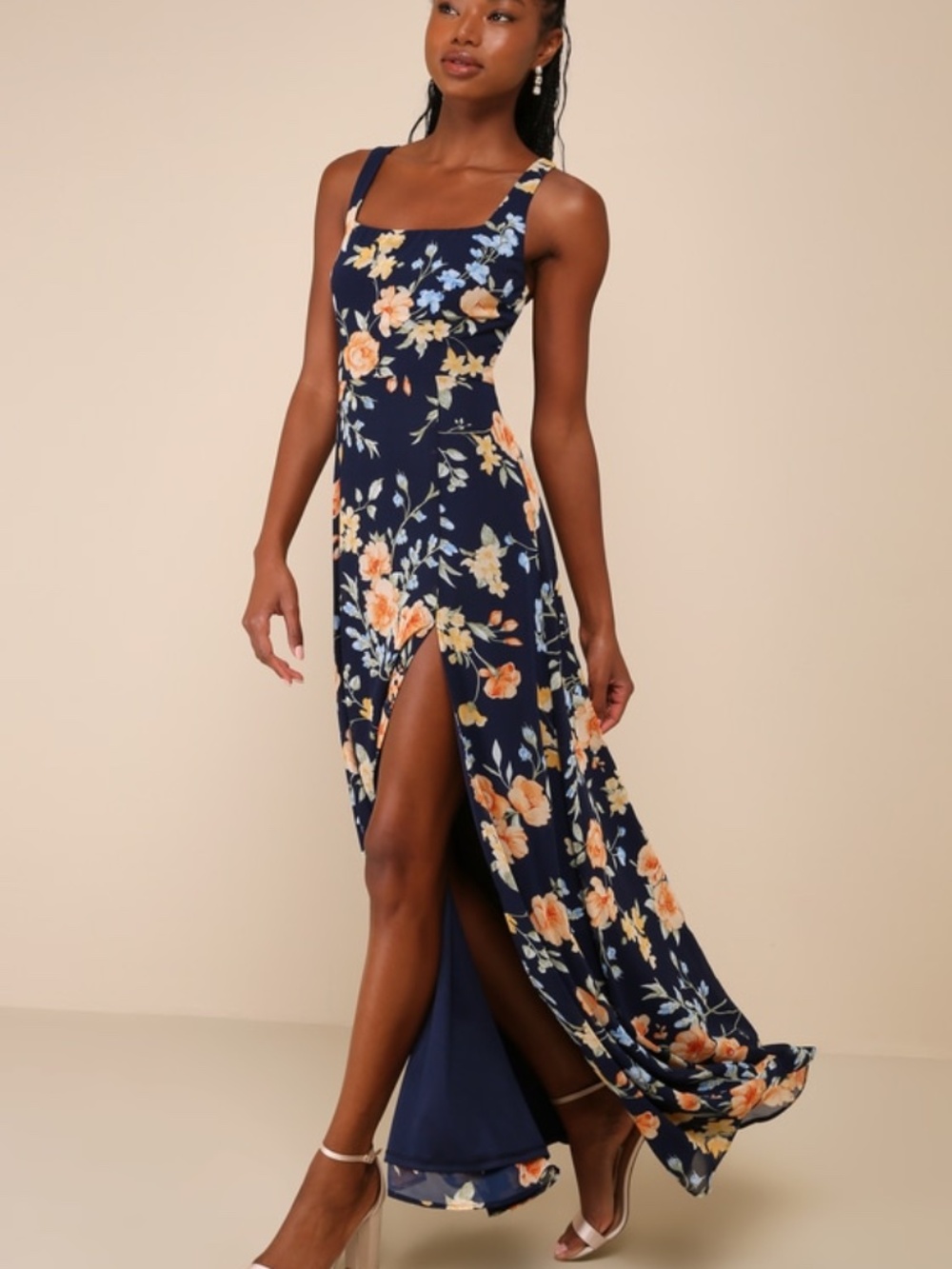 Lulus Remarkable Arrival Navy Blue Floral Sleeveless Maxi Dress - Size S